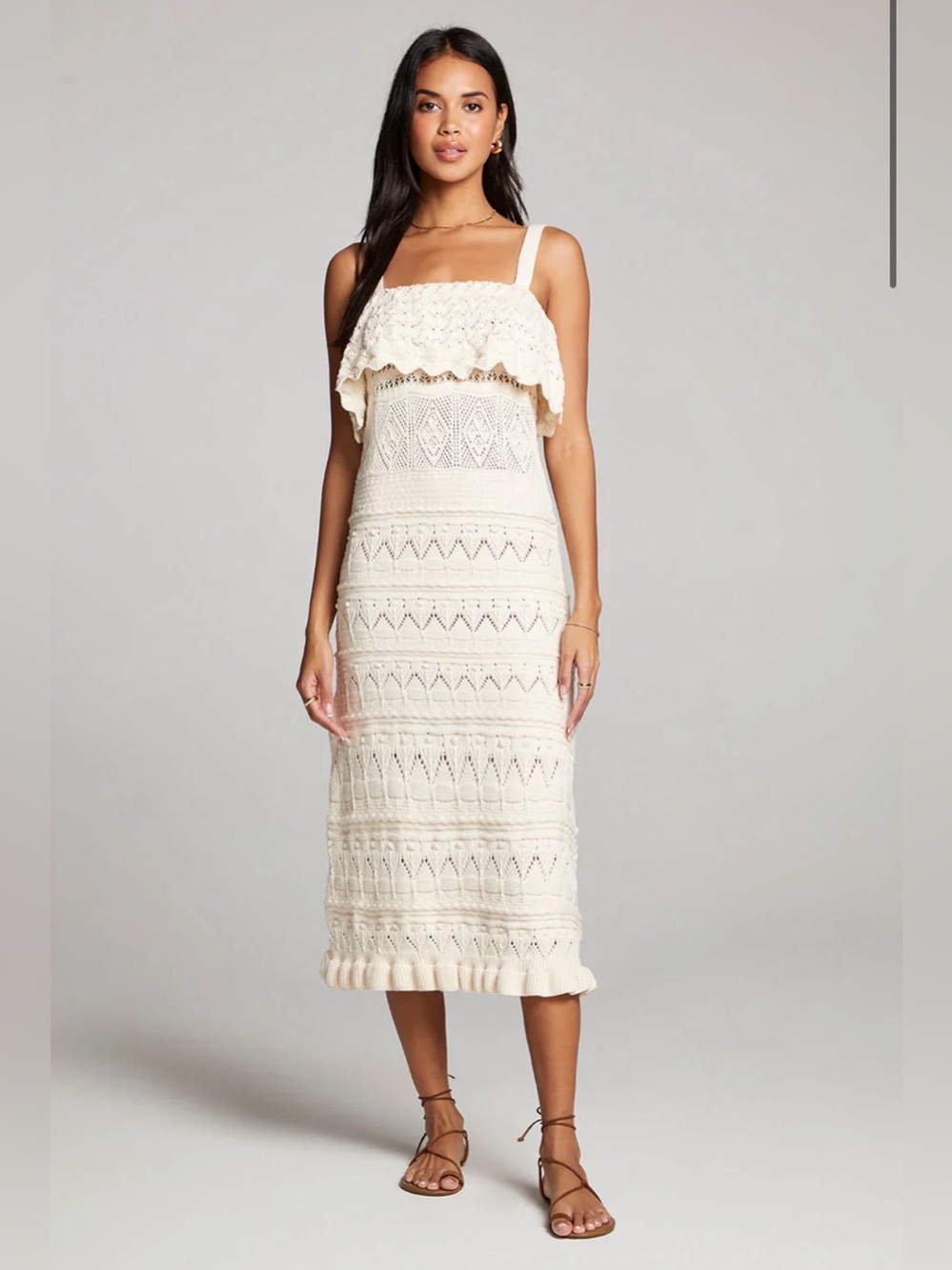 SALTWATER LUXE (Anthropologie) Cream Crochet Ruffle-Trim Midi Dress - NEW - Sm